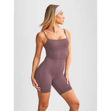 AUTOMET Jumpsuits for Women One Piece Rompers Sexy Shorts Bodysuits Workout Sets Fashion Clothes Summer Gym Outfits Nutmeg M