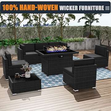 KHOLH 8 Pieces Patio Furniture Conversation Sofa Set with 44" Propane Gas Fire Pit Table, Outdoor Sectional Black Rattan Wicker Sofa Set
