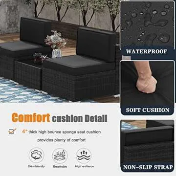 KHOLH 8 Pieces Patio Furniture Conversation Sofa Set with 44" Propane Gas Fire Pit Table, Outdoor Sectional Black Rattan Wicker Sofa Set