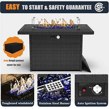 KHOLH 8 Pieces Patio Furniture Conversation Sofa Set with 44" Propane Gas Fire Pit Table, Outdoor Sectional Black Rattan Wicker Sofa Set