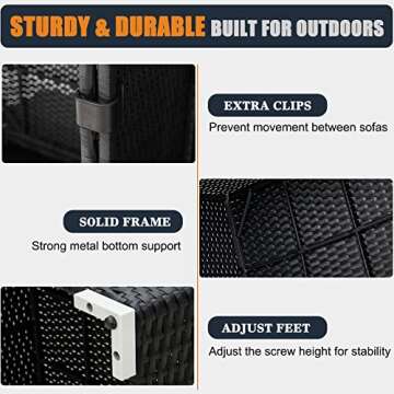 KHOLH 8 Pieces Patio Furniture Conversation Sofa Set with 44" Propane Gas Fire Pit Table, Outdoor Sectional Black Rattan Wicker Sofa Set