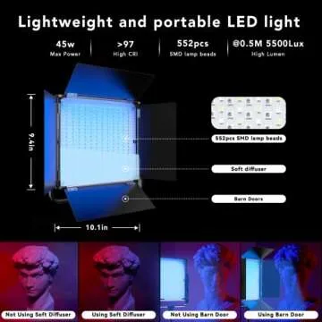 IVISII RGB LED Video Light Panel, 2600K-10000K/CRI 97/552PCS LED Beads Studio Lighting, 9 Applicable Scenes 360° Full Color Photography Lighting for Video Conference, Recording, YouTube