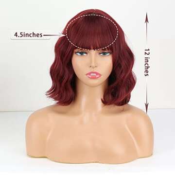 MISSQUEEN Wavy Short Red Wig with Bangs,Synthetic Short Wine Red Bob Wigs for Women,Natural Looking Cosplay Short Curly Burgundy Bob Wigs for Daily Cosplay Party Use
