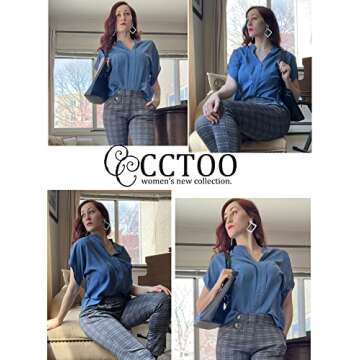 CCTOO Women's Blouses V Neck Short Sleeve Curved Hem Solid Chiffon Dressy Blouse Casual Shirts Tops Gray Blue X-Large