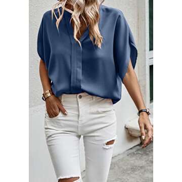 CCTOO Women's Blouses V Neck Short Sleeve Curved Hem Solid Chiffon Dressy Blouse Casual Shirts Tops Gray Blue X-Large