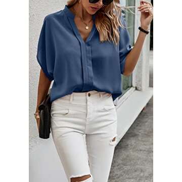CCTOO Women's Blouses V Neck Short Sleeve Curved Hem Solid Chiffon Dressy Blouse Casual Shirts Tops Gray Blue X-Large
