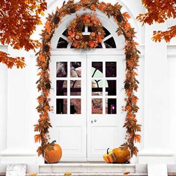 Valery Madelyn 6 feet Fall Garland Decor with Pumpkins, Hanging Autumn Garland with Maple Leaves Pine Cone Berries, Thanksgiving Decor for Mantel Fireplace Indoor Outdoor Door Home Wedding Party