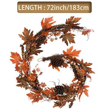 Valery Madelyn 6 feet Fall Garland Decor with Pumpkins, Hanging Autumn Garland with Maple Leaves Pine Cone Berries, Thanksgiving Decor for Mantel Fireplace Indoor Outdoor Door Home Wedding Party