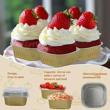 Cupcake Liners With Lids, BAKINGPAK 30PCS 10oz Square Mini Cake Pans with Lids Mini Aluminum Pans with Lids Disposable Aluminum Foil Ramekins Mini Cake Tins Baking Cups for Children Party Wedding,Gold