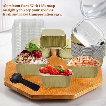 Cupcake Liners With Lids, BAKINGPAK 30PCS 10oz Square Mini Cake Pans with Lids Mini Aluminum Pans with Lids Disposable Aluminum Foil Ramekins Mini Cake Tins Baking Cups for Children Party Wedding,Gold