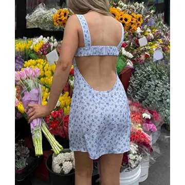ROAONOCOMO Women Y2K Floral Print Mini Dress Low Cut Open Back Bodycon Dress Spaghetti Strap Going Out Dress Streetwear