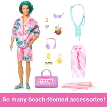Barbie Extra Fly Ken Doll with Beach-Themed Travel Clothes & Accessories, Tropical Outfit with Boogi...