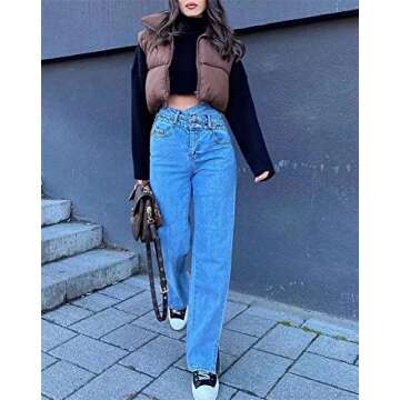 HOULENGS Women's Stand Collar Crop Puffer Vest Lightweight Sleeveless Winter Warm Outerwear Puffer Vest Padded Gilet