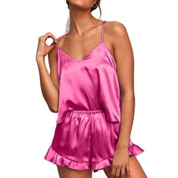 CHYRII Women's Sexy Ruffle Pajamas Sets Satin Silk Cami Shorts Sets Sleepwear Neon Pink S