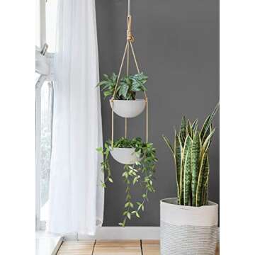 Mkono 9 Inch Ceramic Double Hanging Planter 2 Tier Round Flower Plant Pot Porcelain Hanging Basket w...