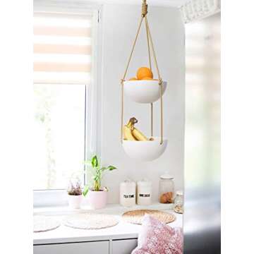 Mkono 9 Inch Ceramic Double Hanging Planter 2 Tier Round Flower Plant Pot Porcelain Hanging Basket with Polyester Rope Hanger for Indoor Outdoor Plants Modern Vertical Plant Garden, White