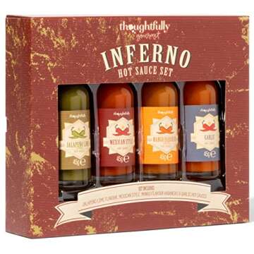 Thoughtfully Gourmet, Inferno Hot Sauce Gift Set, Flavors Include Jalapeño Lime, Garlic, Mango Habanero and Mexican Style, Hot Sauce Variety Pack, Set of 4
