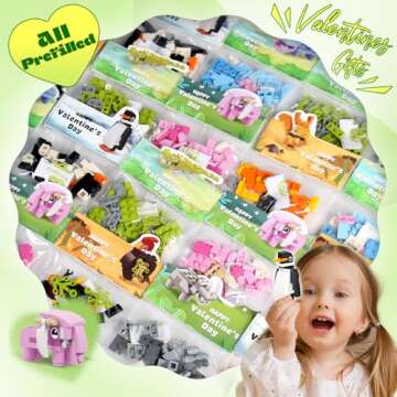Valentines Day Gifts for Kids - 24 Pack Prefilled Animal Building Blocks with Valentine's Day Cards ...