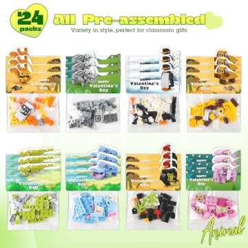 Valentines Day Gifts for Kids - 24 Pack Prefilled Animal Building Blocks with Valentine's Day Cards Sets for School Classroom Class Party Favor, Valentines Crafts Exchange for Boys Girls Teens