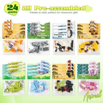 Valentines Day Gifts for Kids - 24 Pack Prefilled Animal Building Blocks with Valentine's Day Cards Sets for School Classroom Class Party Favor, Valentines Crafts Exchange for Boys Girls Teens