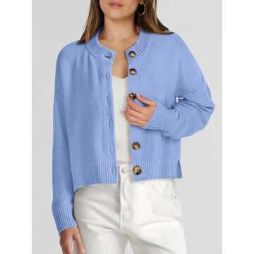 ANRABESS Women Knit Cardigans Sweater Open Front Button Down Long Sleeve Cropped Lady Jacket Outwear 2025 Spring Outfits Light Blue Large