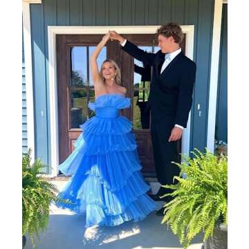 MARSEN One Shoulder Ruffle Ball Gown A-Line Tulle Prom Dresses with Split Sweetheart Formal Evening ...