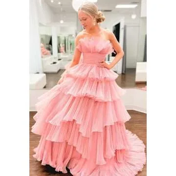 MARSEN One Shoulder Ruffle Ball Gown A-Line Tulle Prom Dresses with Split Sweetheart Formal Evening Gowns for Women Champagne Size 2