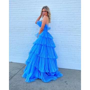 MARSEN One Shoulder Ruffle Ball Gown A-Line Tulle Prom Dresses with Split Sweetheart Formal Evening Gowns for Women Champagne Size 2