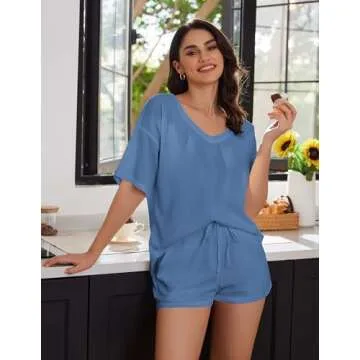 Ekouaer Womens 2 Piece Short Sleeve Waffle Knit V Neck Off Shoulder Casual Loose Fit Sweatsuit Outfits Navy Blue M