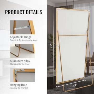 Beauty4U Full Length Mirror 76" x 34" - Gold Framed, Versatile Usage