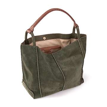 The Sak Los Feliz Large Tote Bag in Leather, Lined Purse with Single Shoulder Strap, Moss Suede