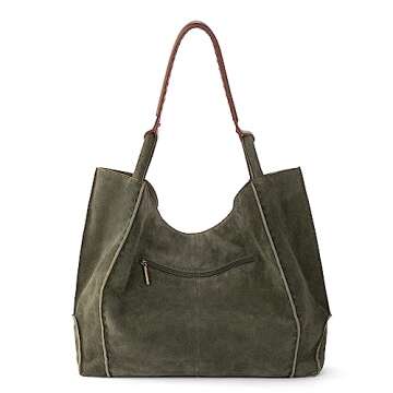 The Sak Los Feliz Large Tote Bag in Leather, Lined Purse with Single Shoulder Strap, Moss Suede