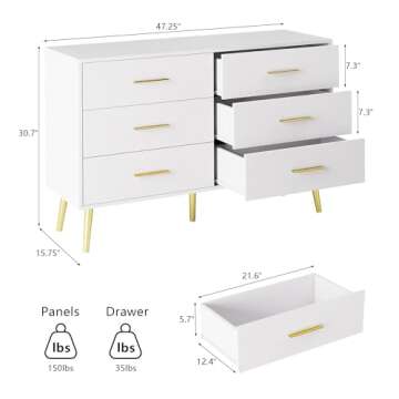 LYNSOM White Dresser for Bedroom, 6 Drawer Wood Double Dresser with Gold Handles, Modern Chest of Or...