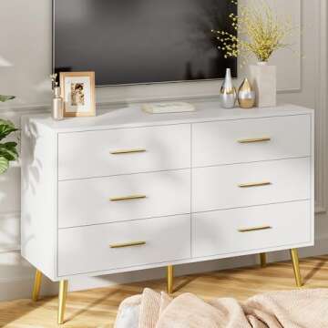 LYNSOM White Dresser for Bedroom, 6 Drawer Wood Double Dresser with Gold Handles, Modern Chest of Organizer Storage Drawers for Living Room, Hallway, Entryway