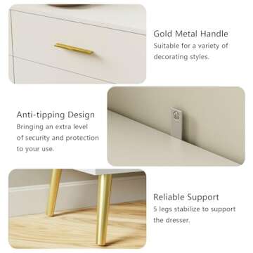LYNSOM White Dresser for Bedroom, 6 Drawer Wood Double Dresser with Gold Handles, Modern Chest of Organizer Storage Drawers for Living Room, Hallway, Entryway