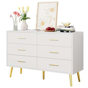 LYNSOM White Dresser for Bedroom, 6 Drawer Wood Double Dresser with Gold Handles, Modern Chest of Organizer Storage Drawers for Living Room, Hallway, Entryway