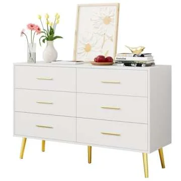 LYNSOM White Dresser for Bedroom, 6 Drawer Wood Double Dresser with Gold Handles, Modern Chest of Organizer Storage Drawers for Living Room, Hallway, Entryway