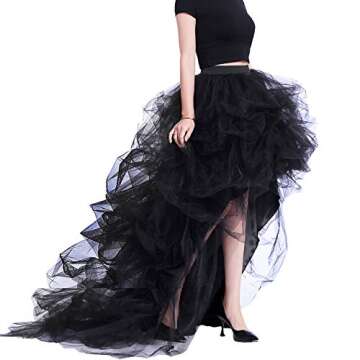 Lisong Women High Waist High Low Layered Tulle Floor Length Spectial Occasion Skirt S Black