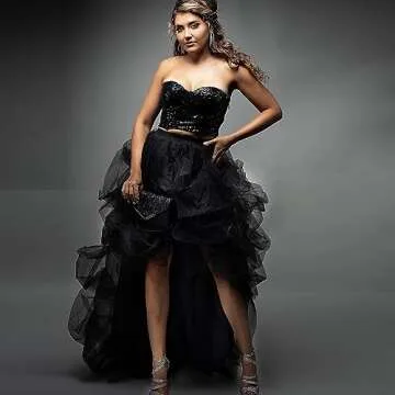 Lisong Women High Waist High Low Layered Tulle Floor Length Spectial Occasion Skirt S Black