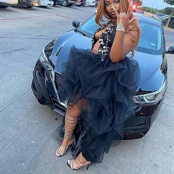 Lisong Women High Waist High Low Layered Tulle Floor Length Spectial Occasion Skirt S Black