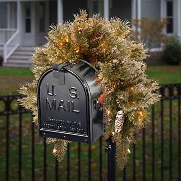 National Tree Company Pre-lit Artificial Christmas Mail Box Swag | Flocked with Mixed Decorations and White LED Lights | Glittery Bristle Pine - 36 Inch