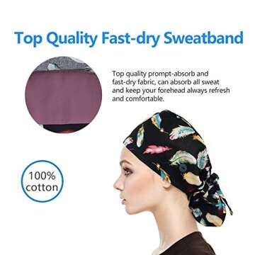 QBA Working Cap with Button Long Hair, Adjustable Working Hat Ponytail Holder, Tie Back Hats for Women & Men, One Size (Feather Black)