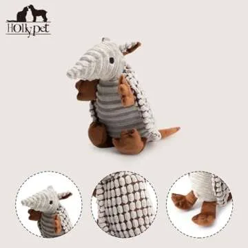 Hollypet Plush Dog Squeaky Toy Stuffed Armadillo Animal Pet Puppy Chew Toys with Clean Teeth for Small Medium Large All Breed Sizes Dogs, Gray, 8 in