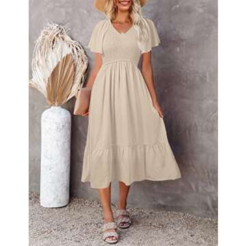 MEROKEETY Women's Summer Flutter Short Sleeve Smocked Midi Dress Flowy Tiered A Line Beach Dress, Be...