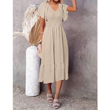 MEROKEETY Women's Summer Flutter Short Sleeve Smocked Midi Dress Flowy Tiered A Line Beach Dress, Beige, L