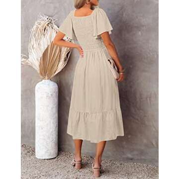 MEROKEETY Women's Summer Flutter Short Sleeve Smocked Midi Dress Flowy Tiered A Line Beach Dress, Beige, L