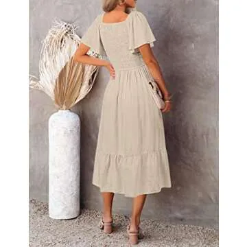 MEROKEETY Women's Summer Flutter Short Sleeve Smocked Midi Dress Flowy Tiered A Line Beach Dress, Beige, L