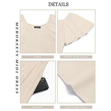 MEROKEETY Women's Summer Flutter Short Sleeve Smocked Midi Dress Flowy Tiered A Line Beach Dress, Beige, L