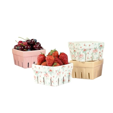 AELS Ceramic Berry Basket Set - Farmhouse Style, Pink Floral, 4-Piece