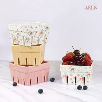 AELS Ceramic Berry Basket Set Farmhouse Pink Floral 4-Piece